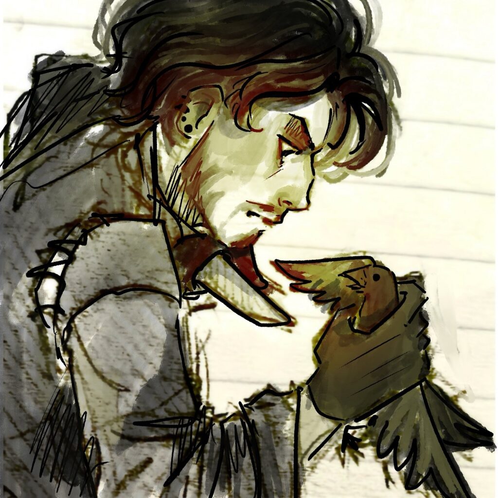 Long-haired man face to face with a crow perched on his arm
