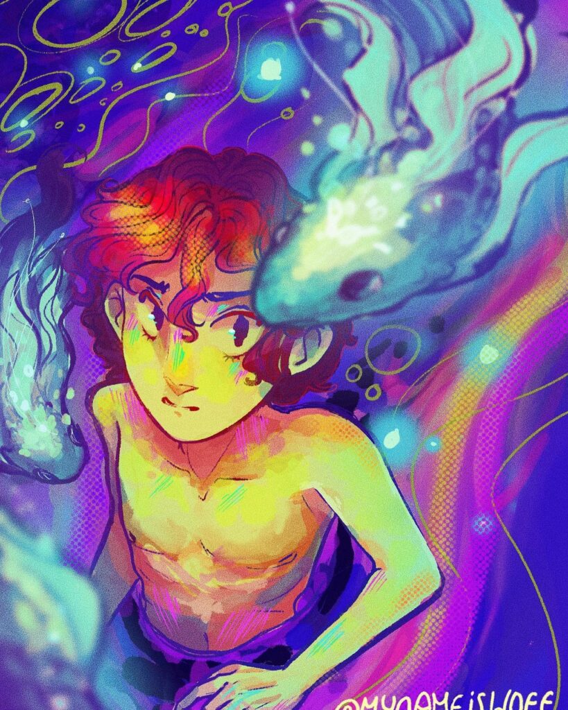 Neon painting of a boy underwater surrounded by glowing fish