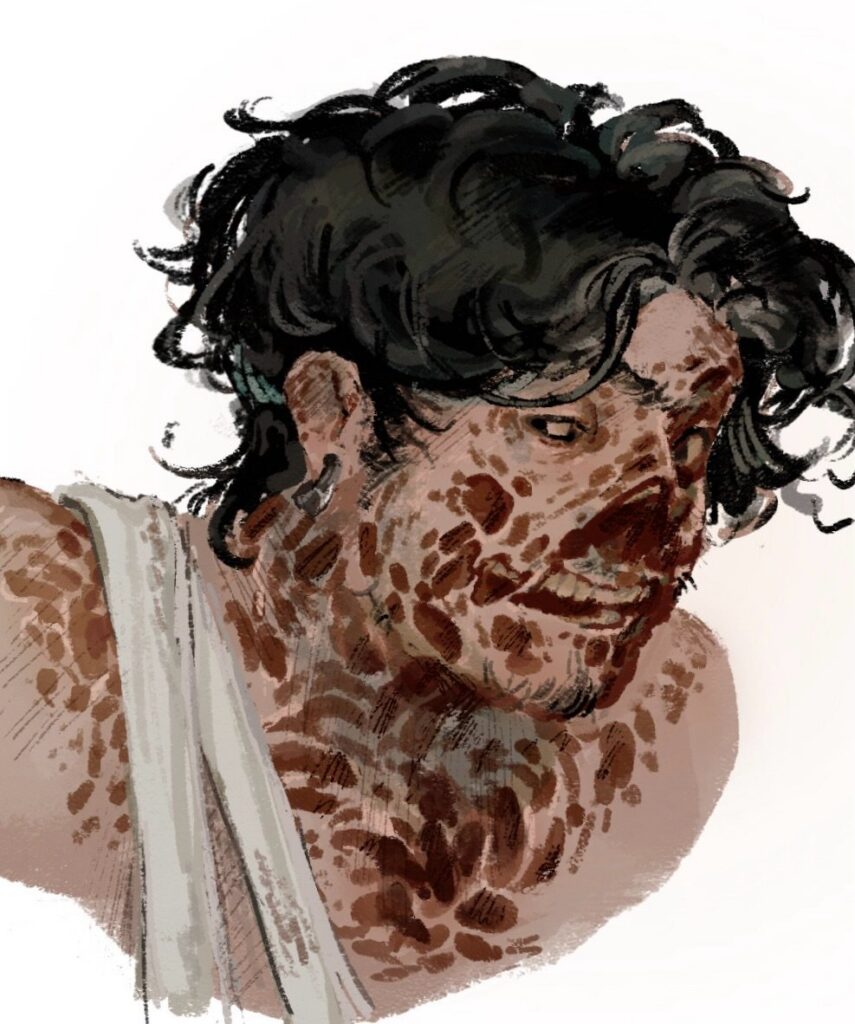 Sketch of a grinning man whose face and shoulder are covered in dark markings