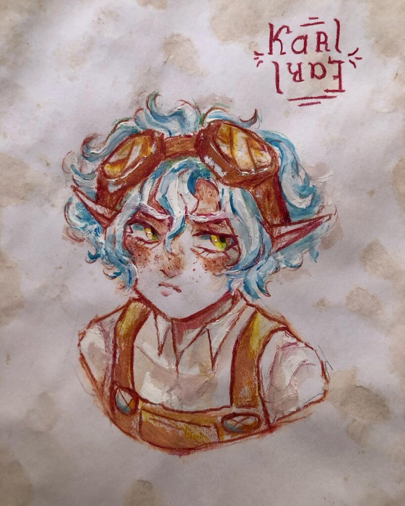 Coloured pencil portrait of a grumpy elf with blue hair and aviator goggles