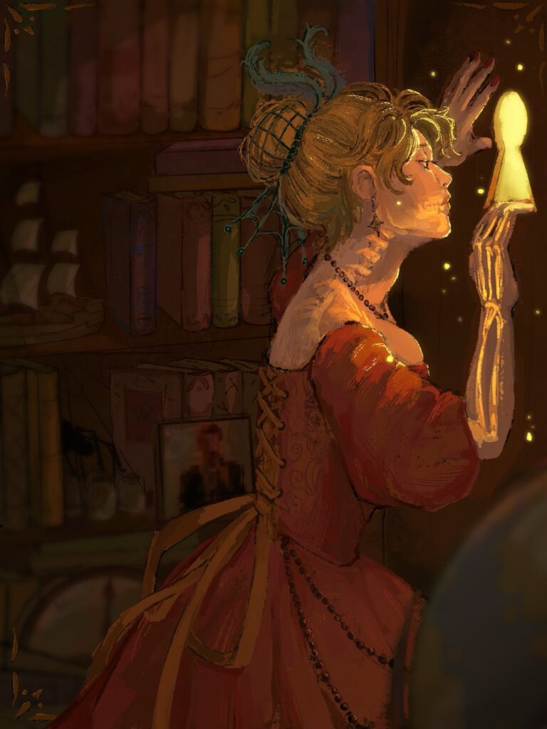 Woman in a red gown reaching for a glowing keyhole in a dark library