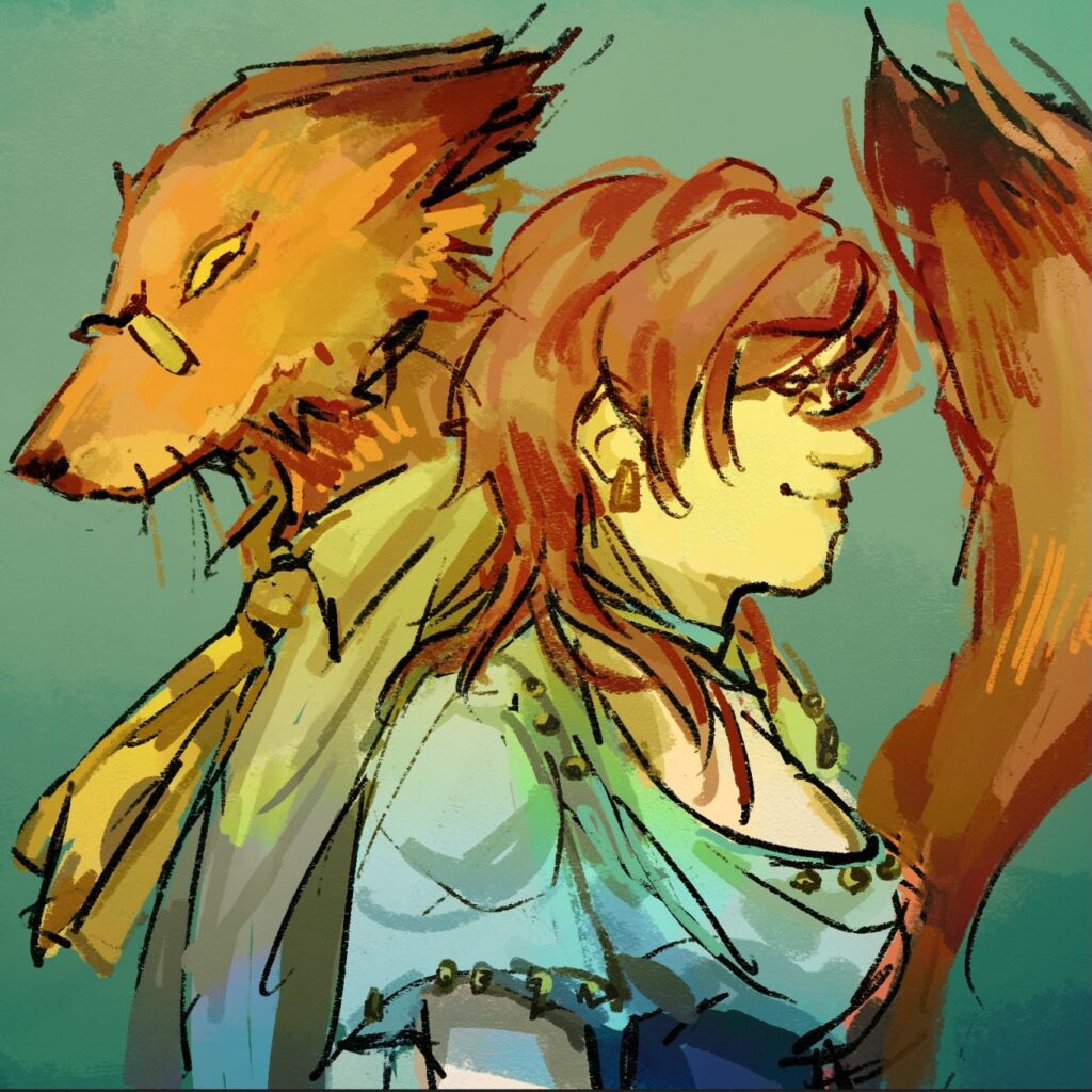 Red-haired woman in profile beside a fox-headed figure in a yellow scarf