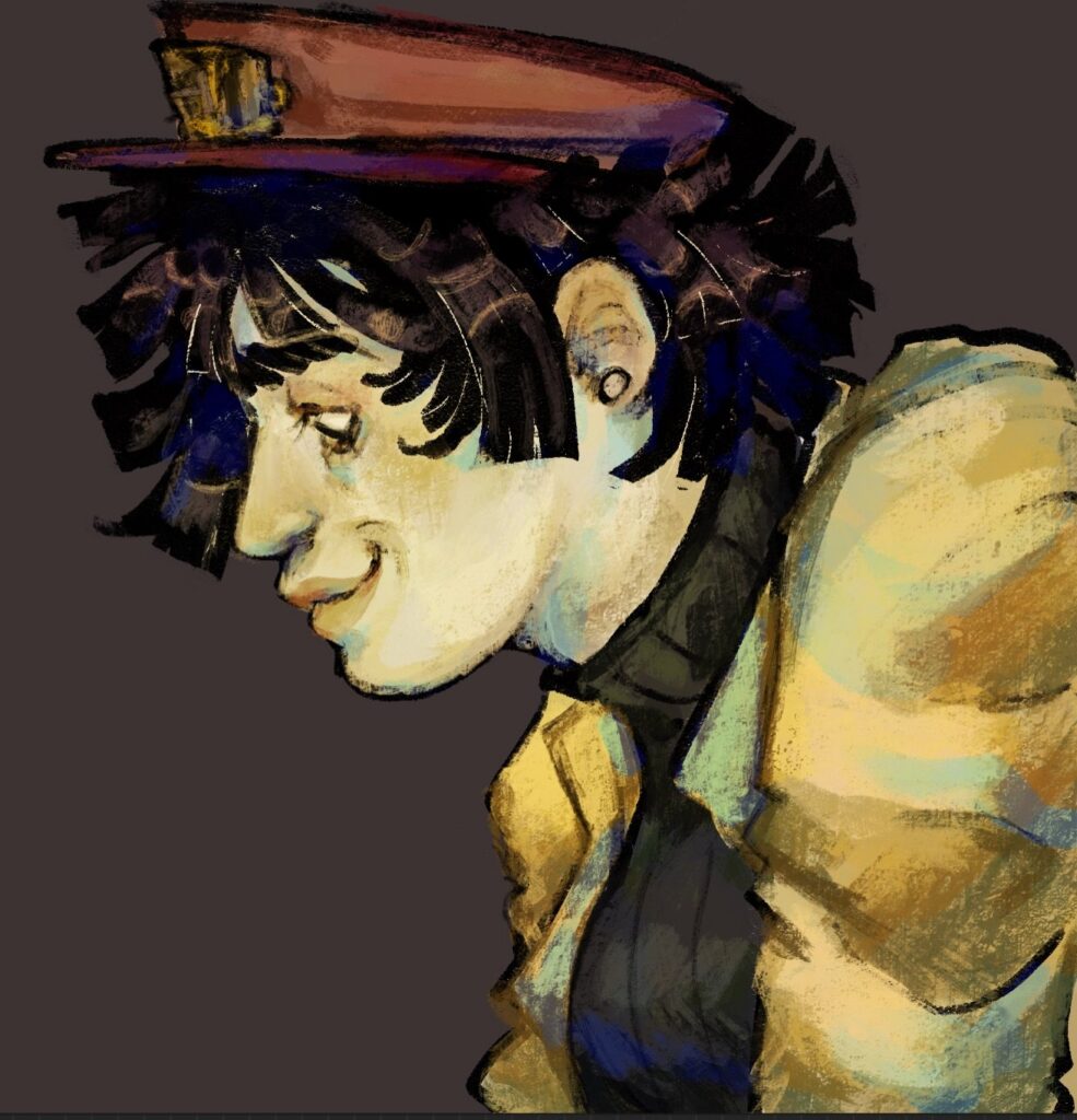 Portrait of a smirking young man in a red peaked cap, in profile