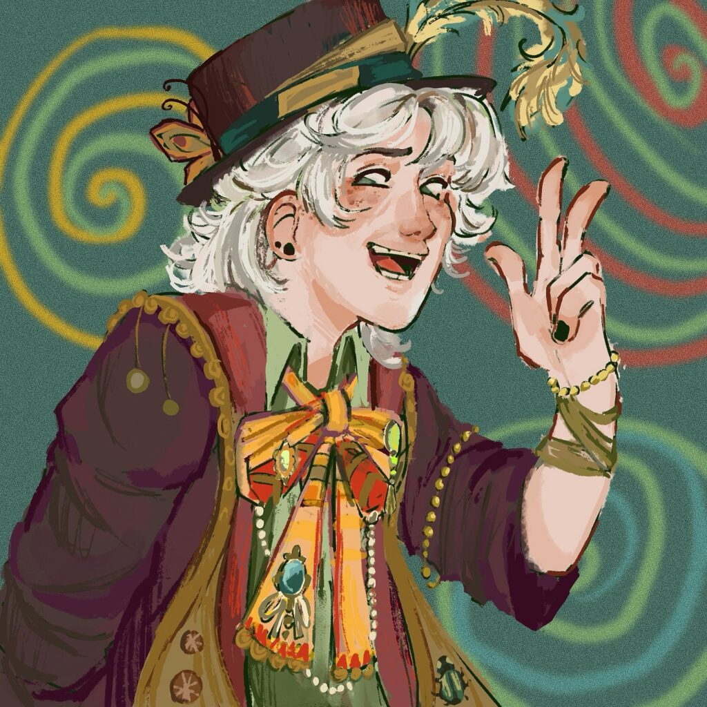 Laughing white-haired man in a feathered top hat making a peace sign