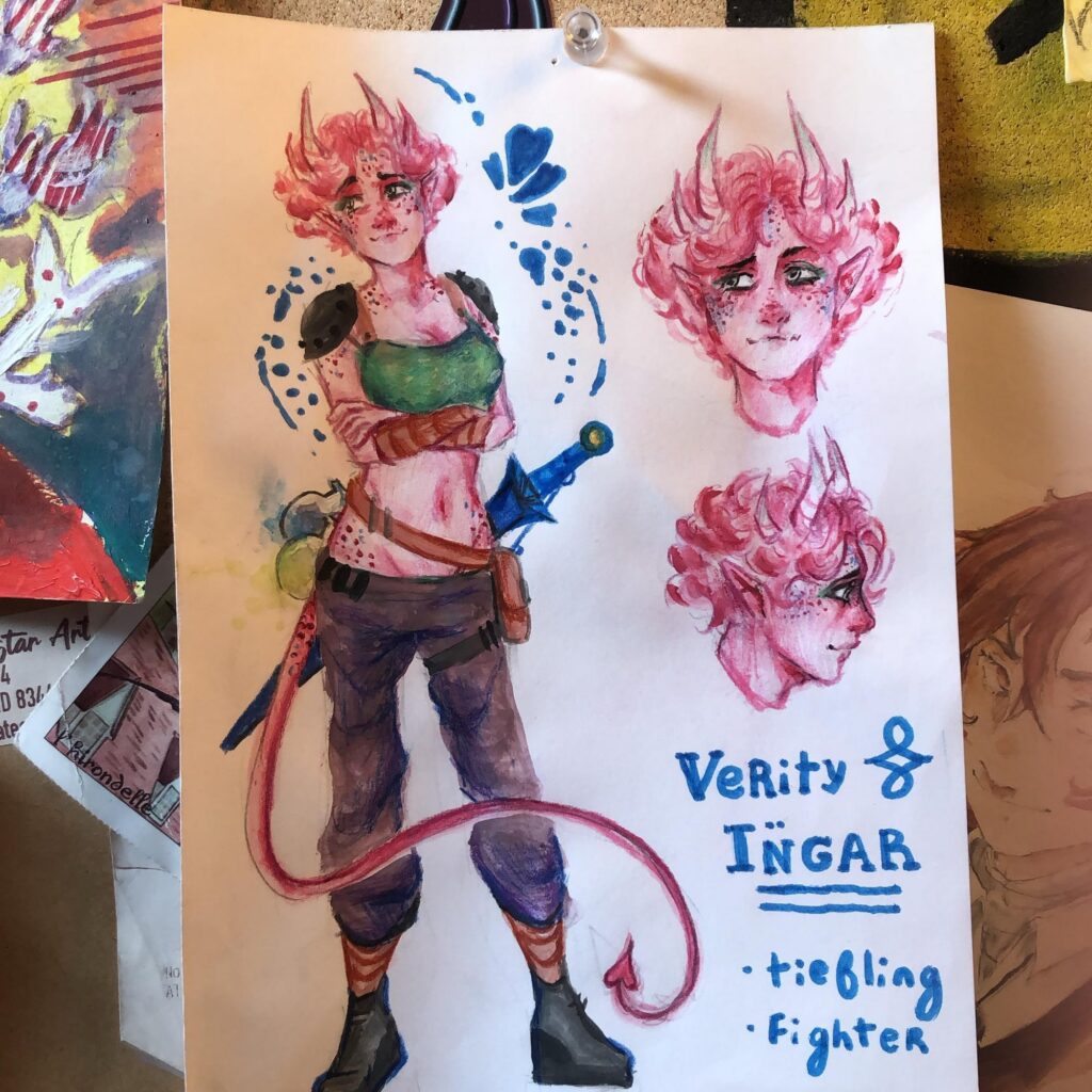 Watercolour character sheet of a pink-haired tiefling fighter with two head studies