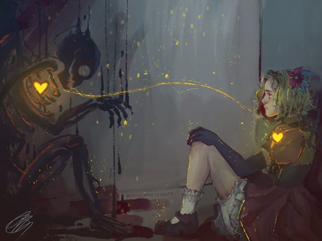 Masked figure holding a glowing heart lantern joined by light to a seated girl