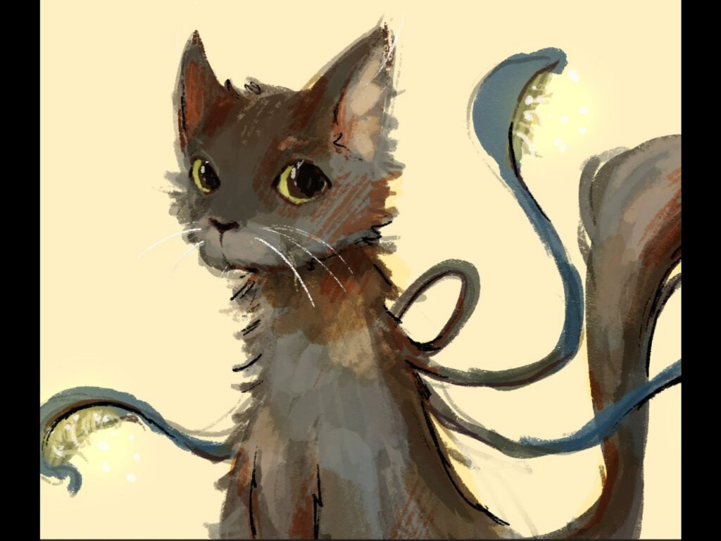 Scruffy cat whose tails end in glowing lantern blooms