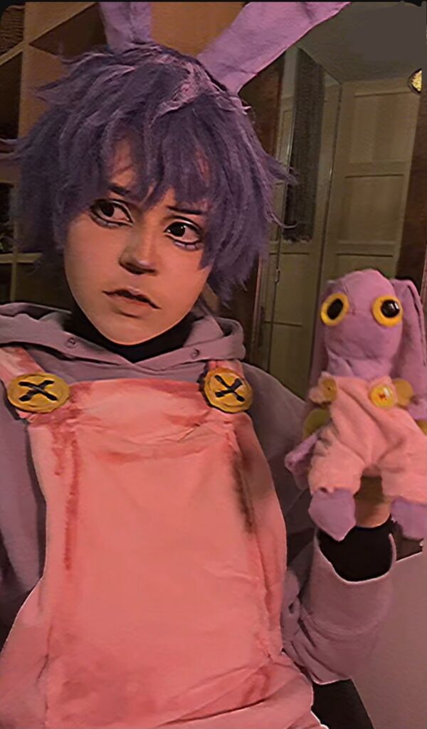 Purple bunny wig and pink pinafore with a matching handmade plush toy