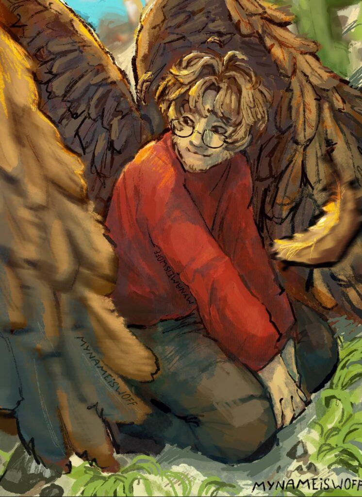 Winged figure in a red jumper crouching among tall grass