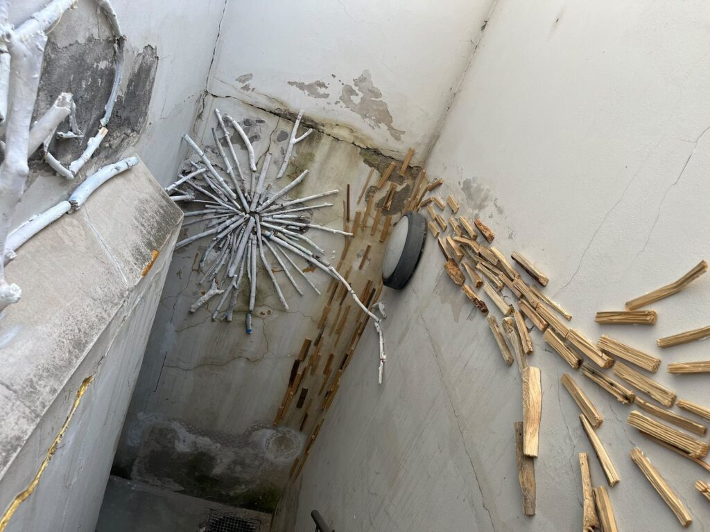 Starburst of white-painted sticks on a courtyard wall
