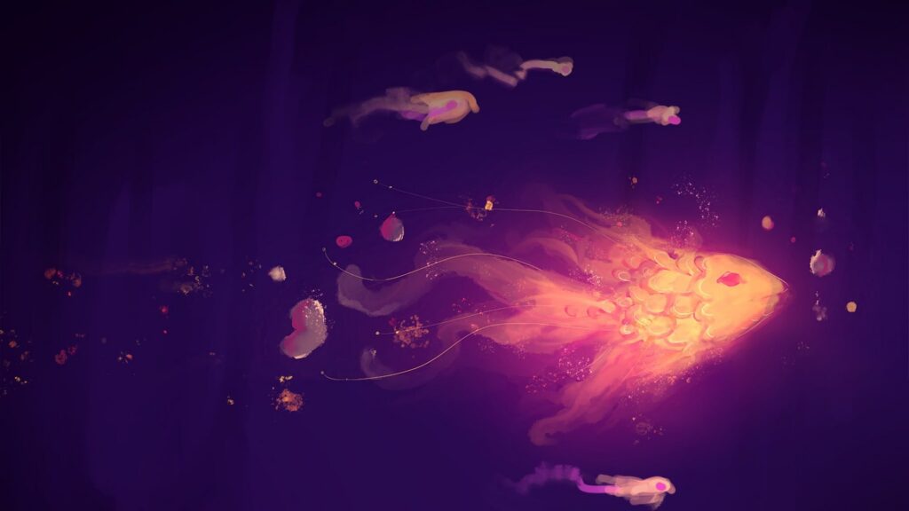 Glowing pink deep-sea creature drifting through dark violet water
