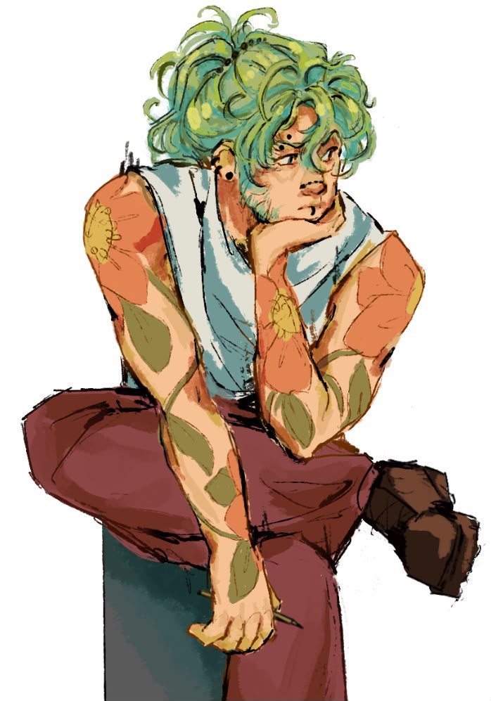 Freckled figure with green curls resting their chin on one hand