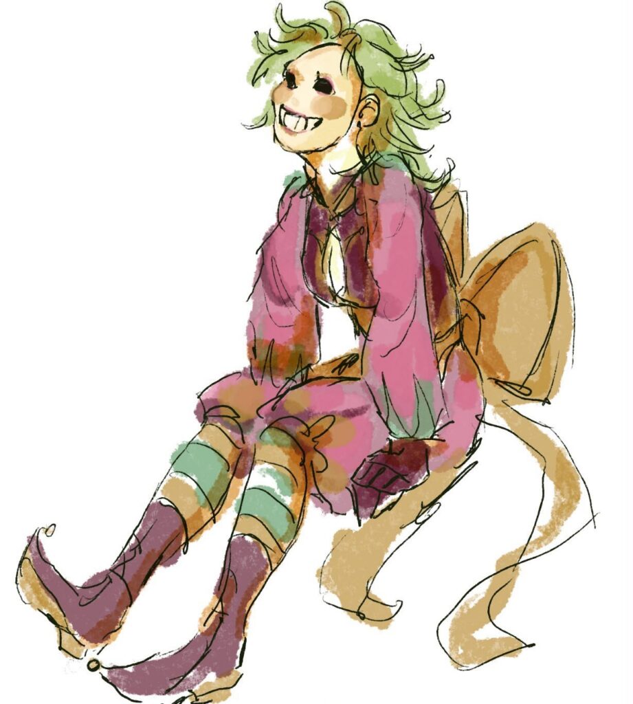 Seated figure with moth wings, green hair and striped stockings