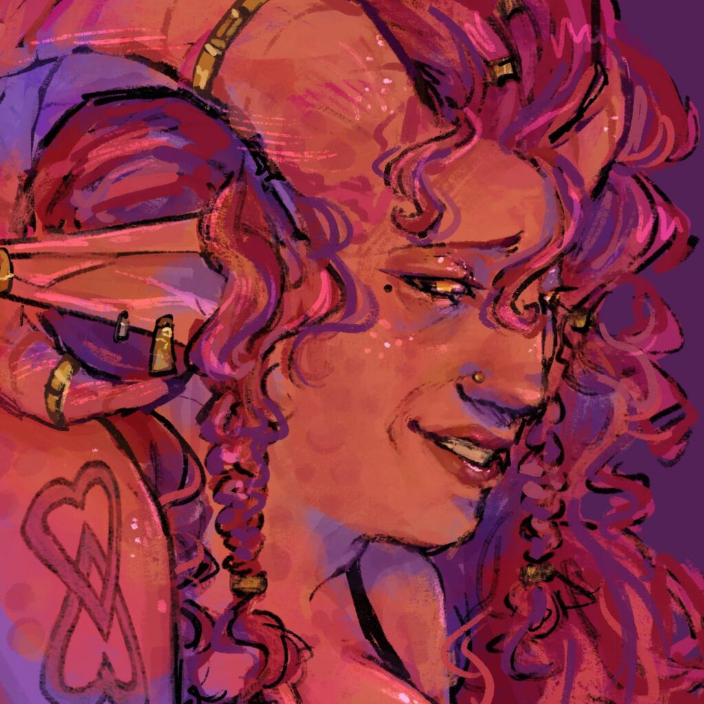 Pink and purple portrait of a grinning woman with long braided hair