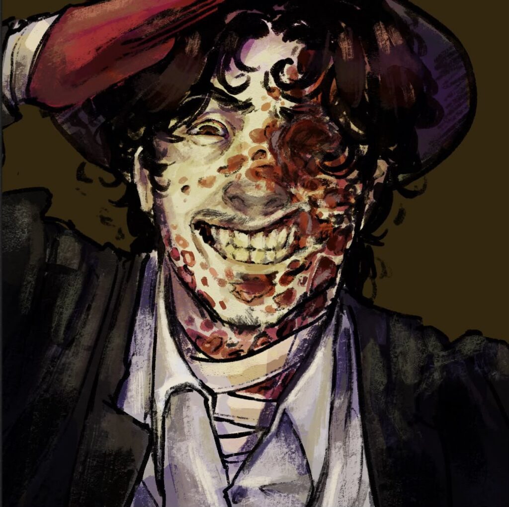 Laughing man in a wide black hat and cravat, face mottled with dark marks