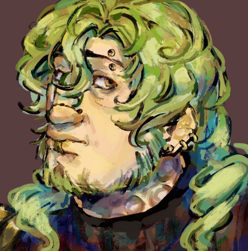 Portrait of a person with pale green curls against a plum background