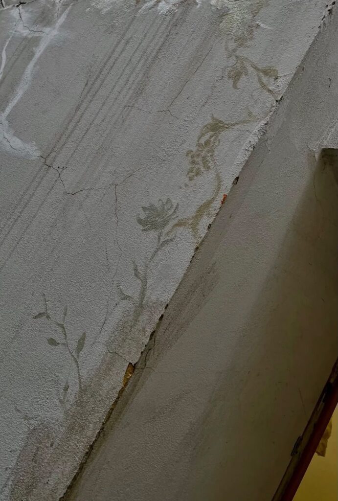 Fine painted sprigs following the diagonal of a stairwell wall