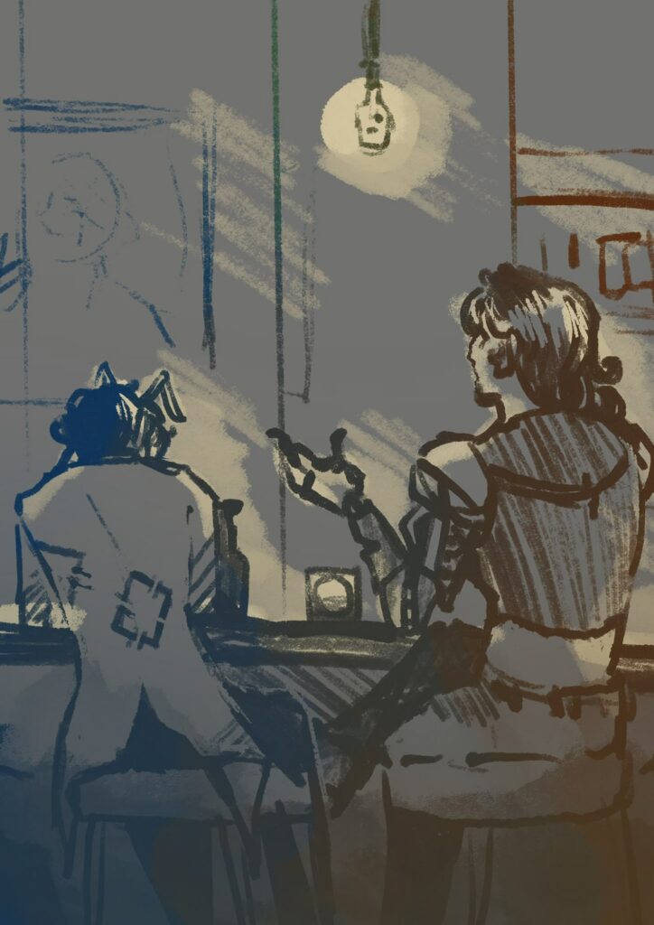Blue-toned sketch of two figures talking across a bar table